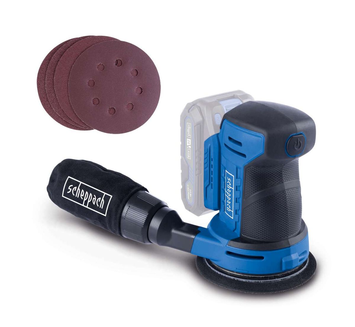 Scheppach cordless orbital sander with included sanding pads and attachments