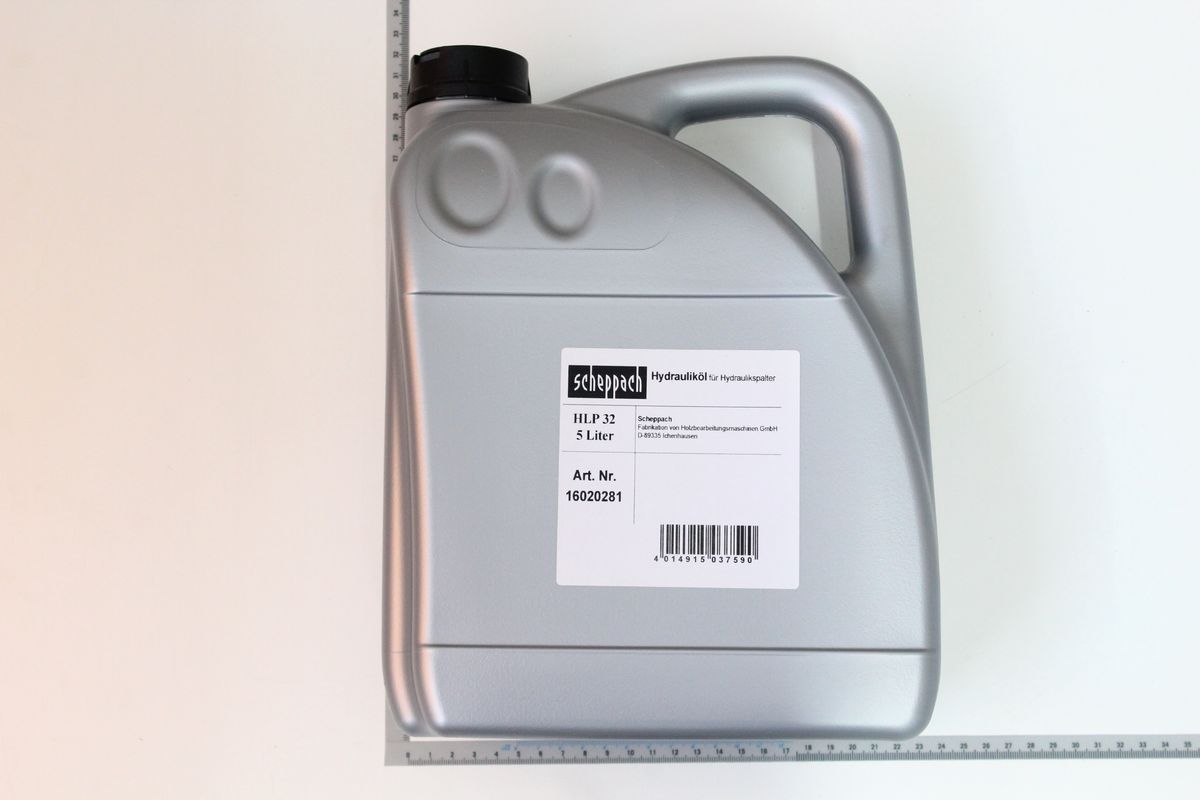 A 5-litre canister of Scheppach hydraulic oil, product number 16020281, photographed from the front.