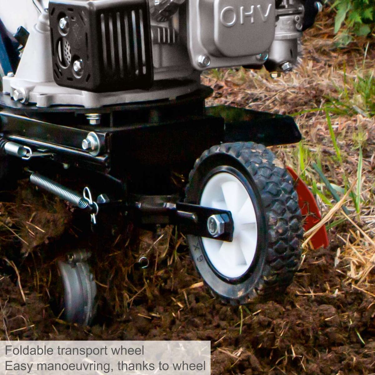 Foldable transport wheel for the machine; enhanced maneuverability with attached wheel