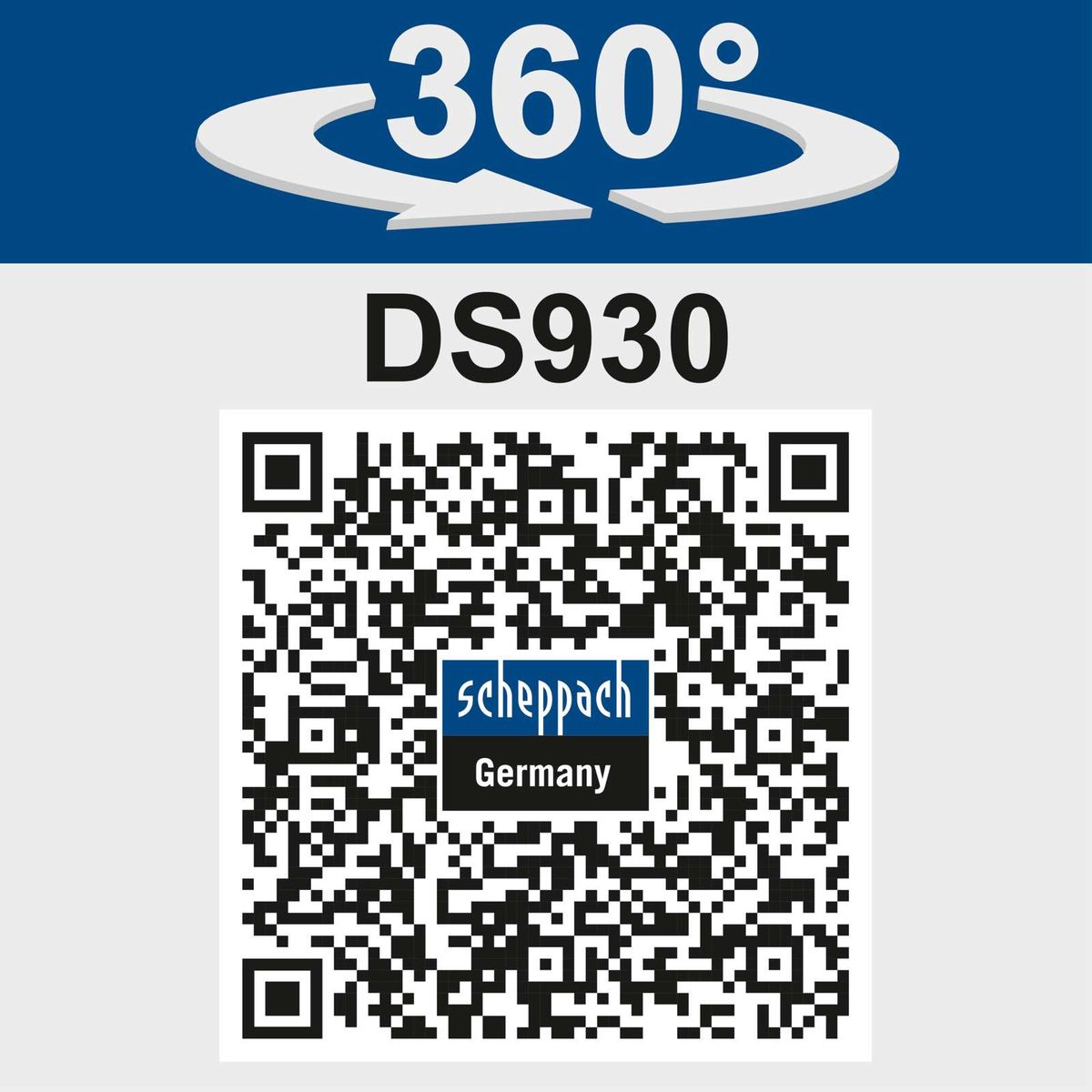 Scheppach **Wall & Ceiling Sander DS930** featuring a 360° rotation and QR code linking to product specifications and warranty details.