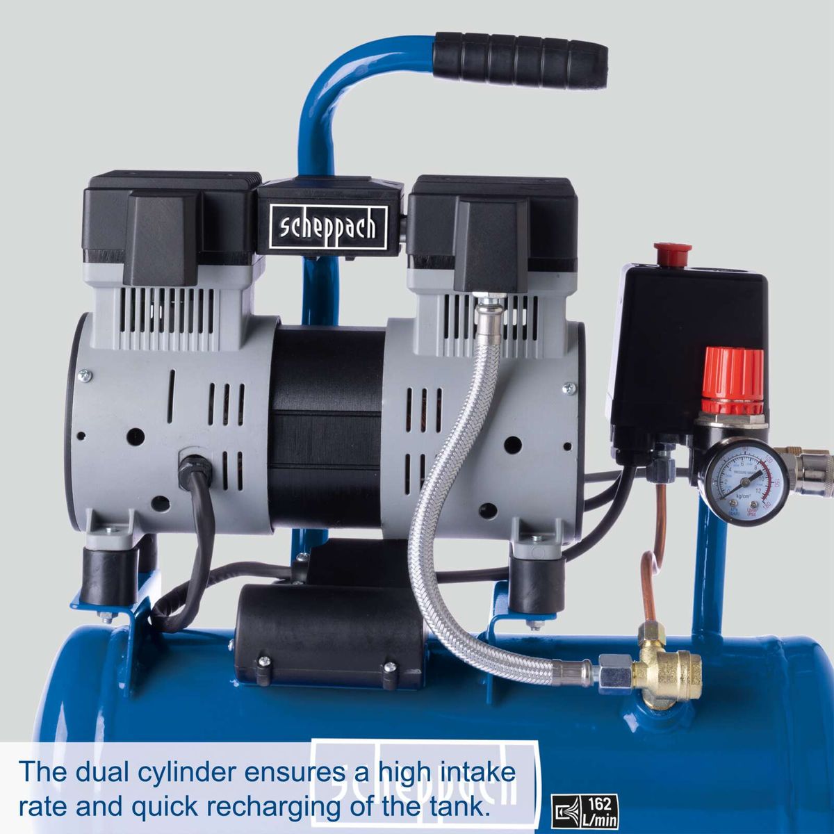 Dual cylinder compressor featuring high intake rate and quick tank refill capability
