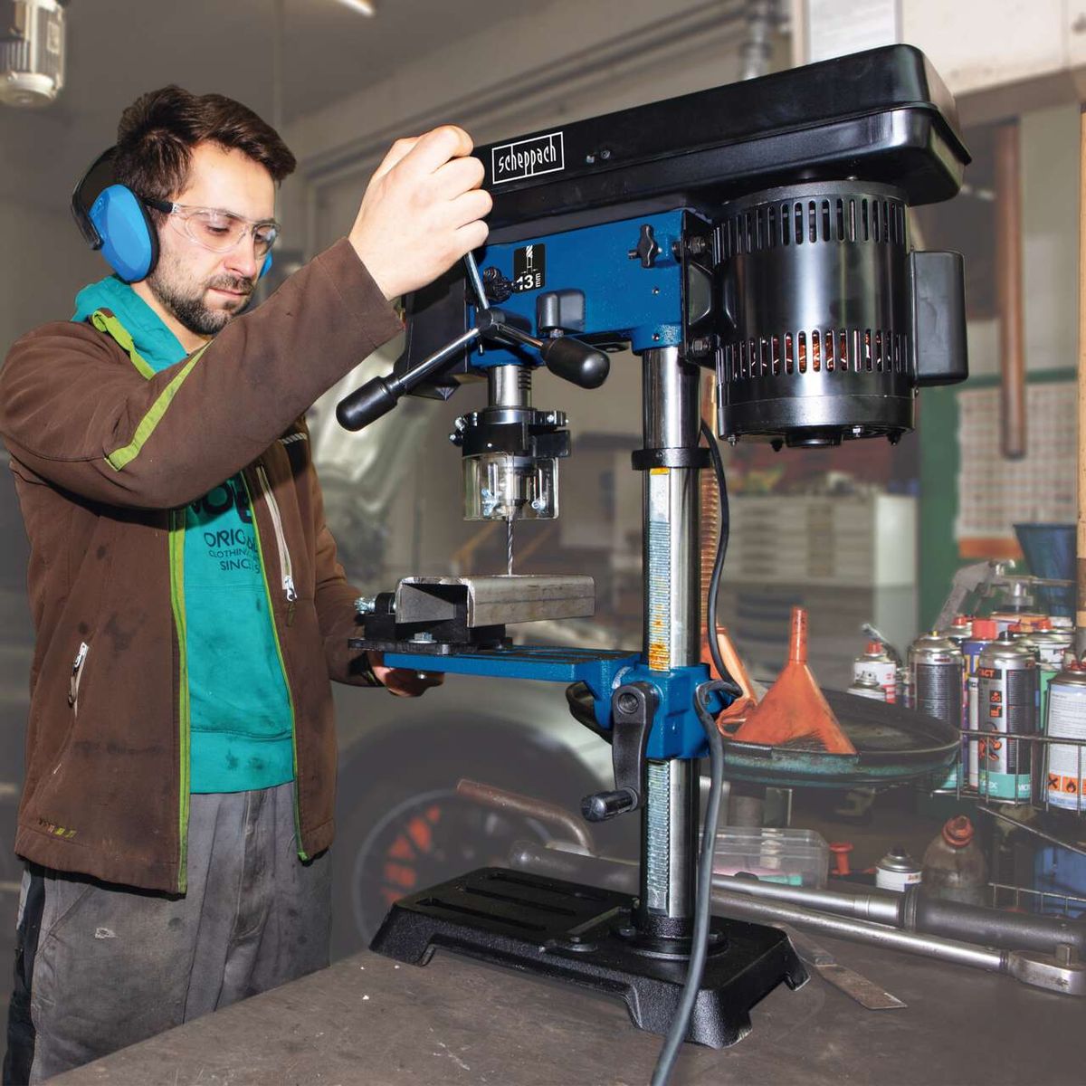 Scheppach bench pillar drill with laser guide and variable speed control for accurate drilling