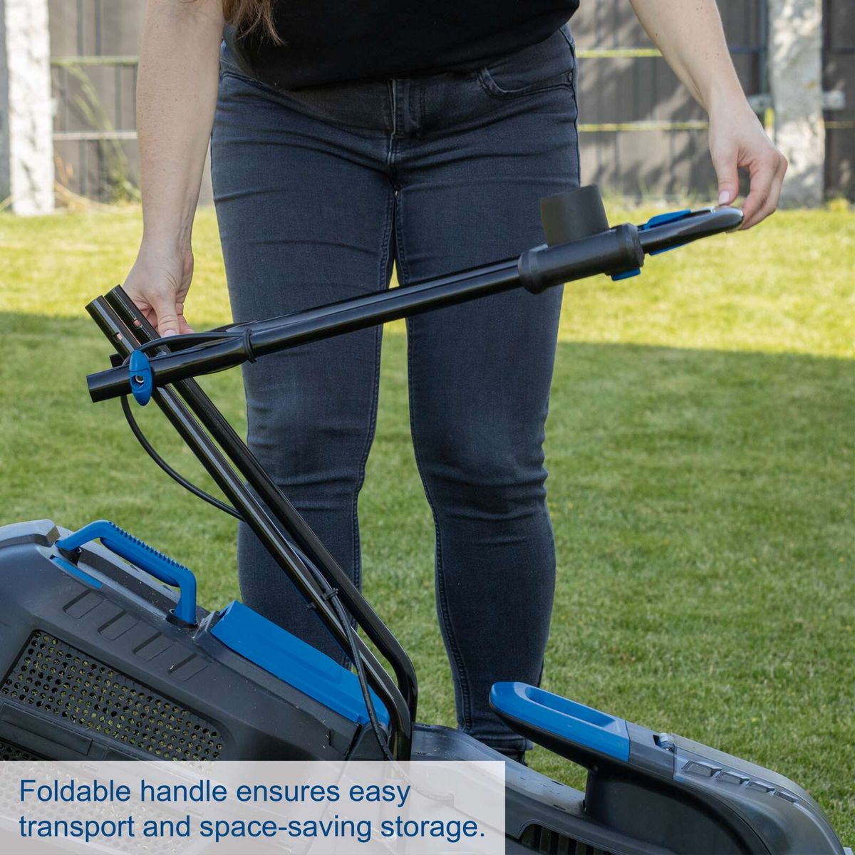 Foldable handle for easy transport and space-saving storage of a Scheppach lawnmower