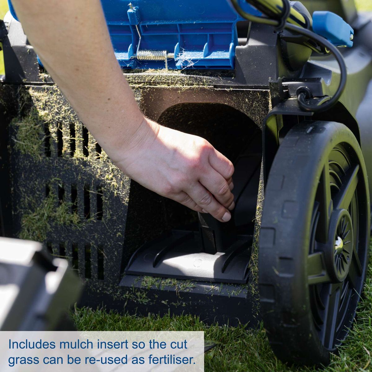 Mulching feature allowing cut grass to be reused as fertilizer