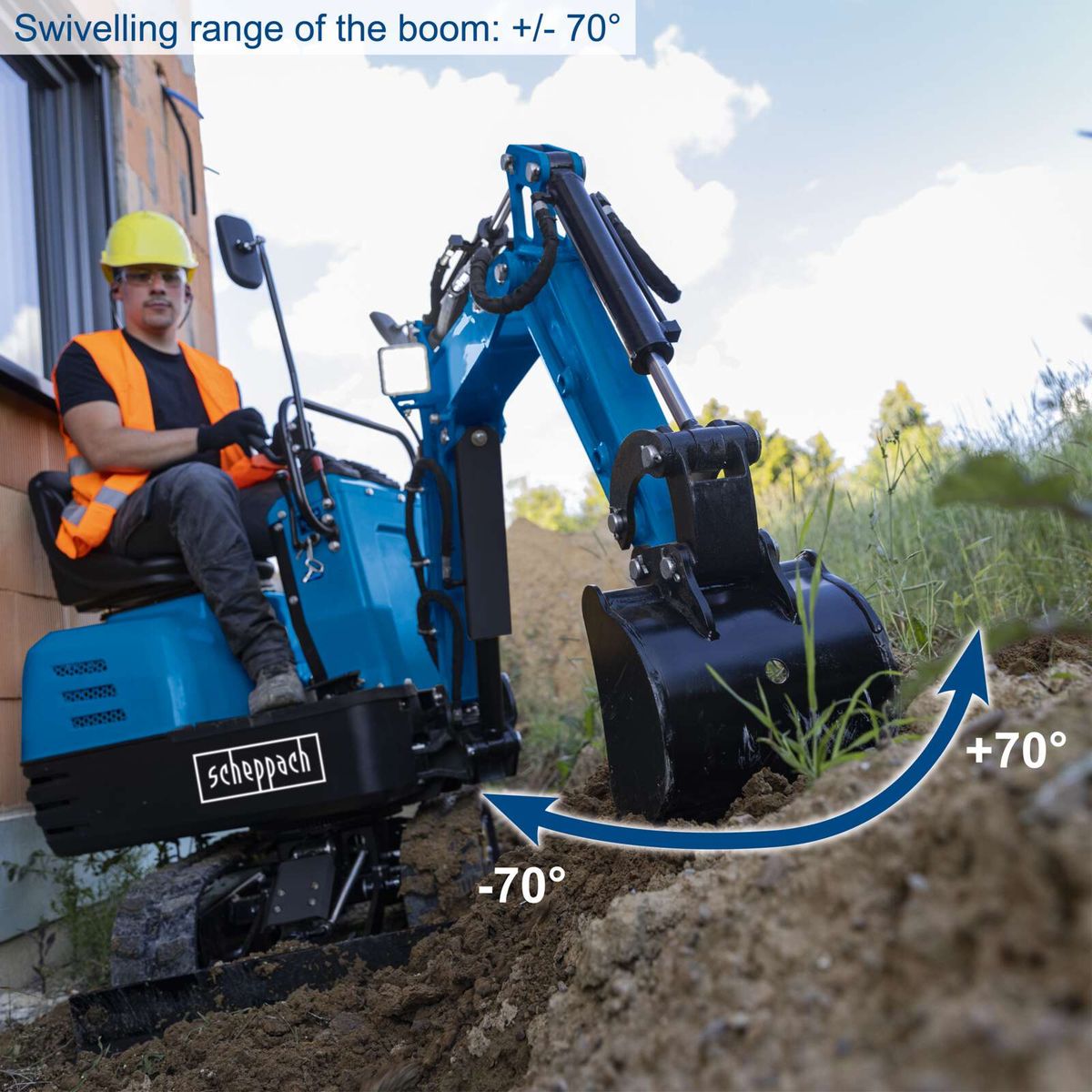 Mini excavator showing ±70° arm swivel for precise operation