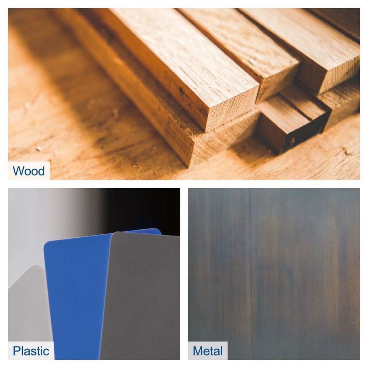Comparison of material textures for wood, plastic, and metal tools