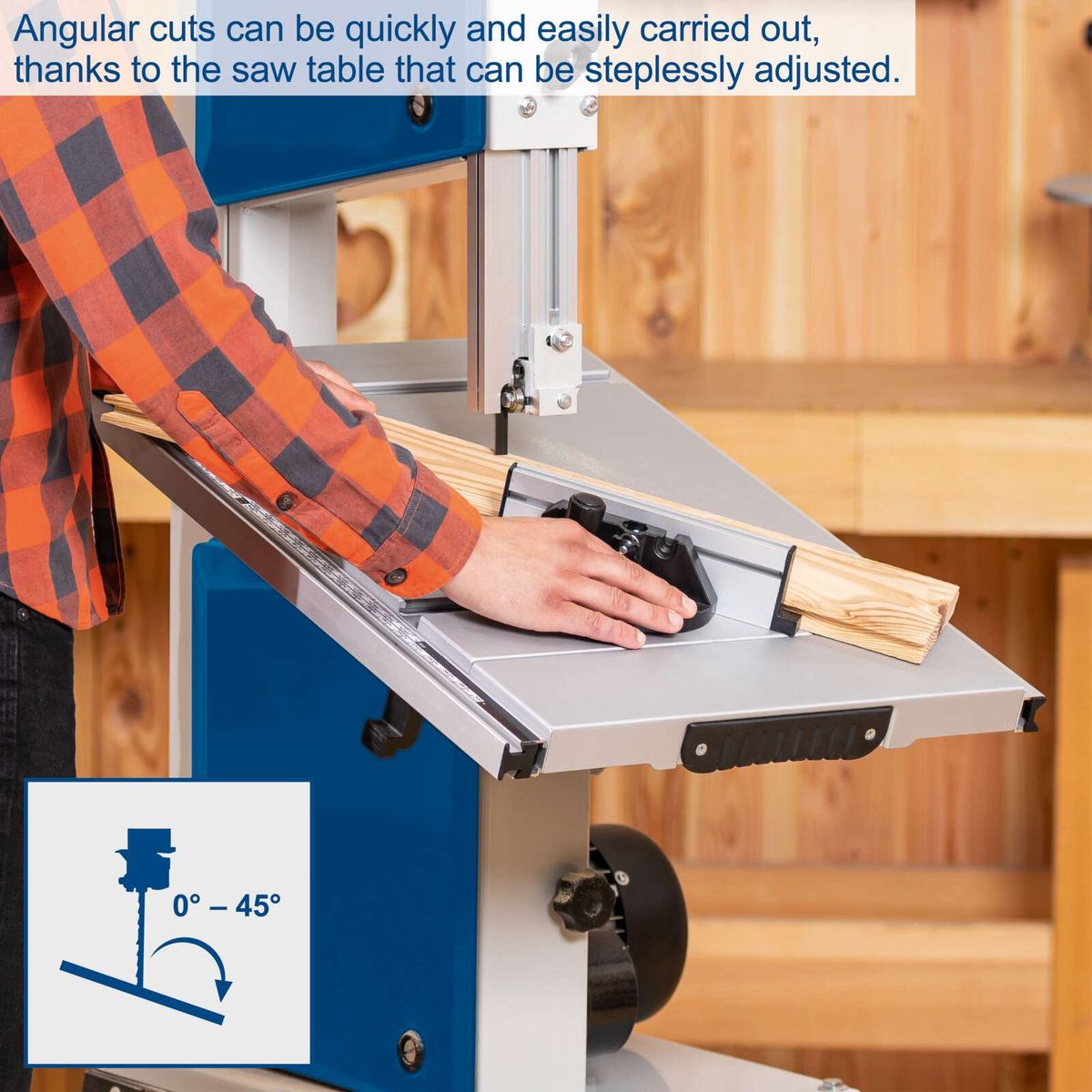 Tilting table for angled cuts from 0° to 45° on the HBS400 bandsaw