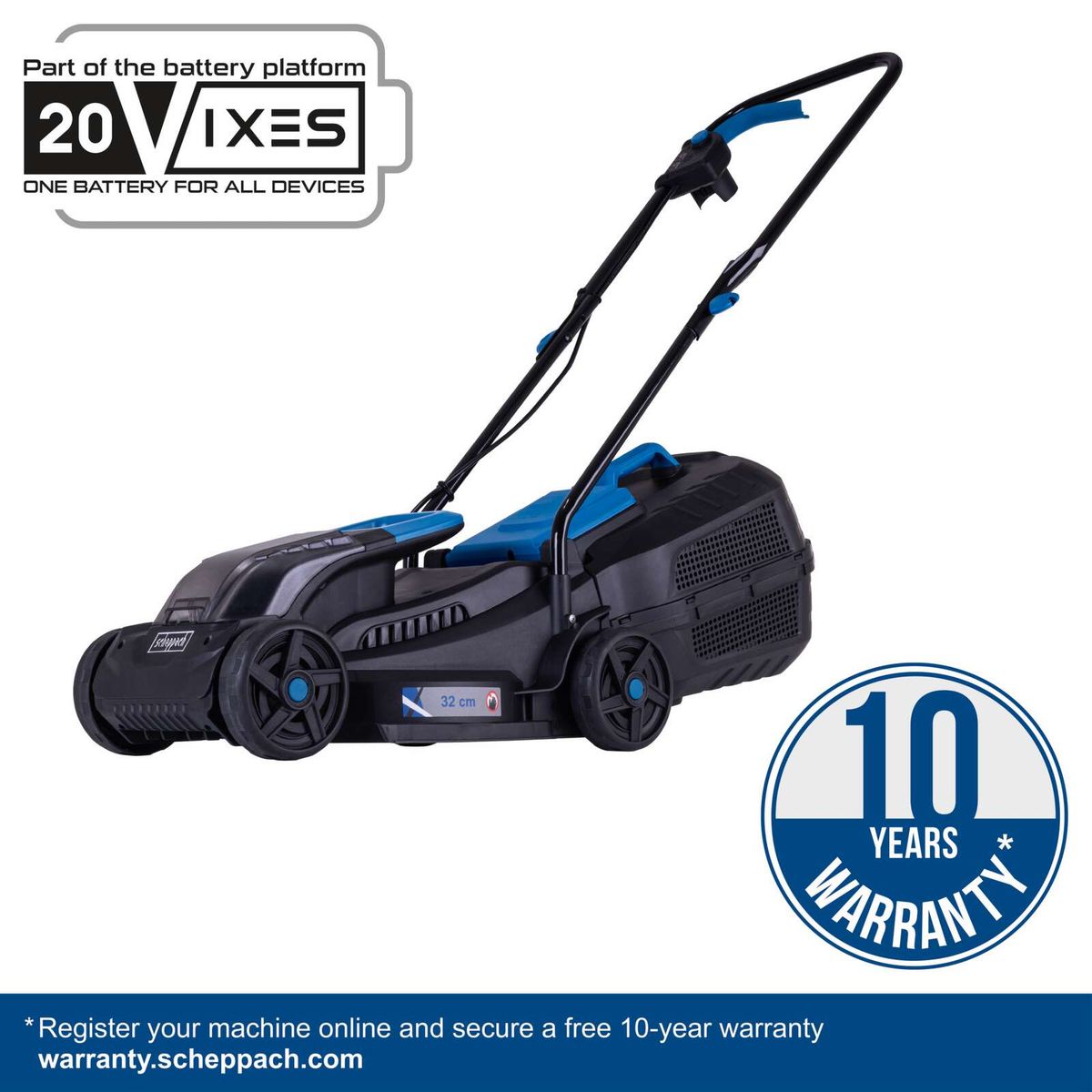 Scheppach 32cm cordless lawn mower with battery and charger, featuring a 10-year warranty