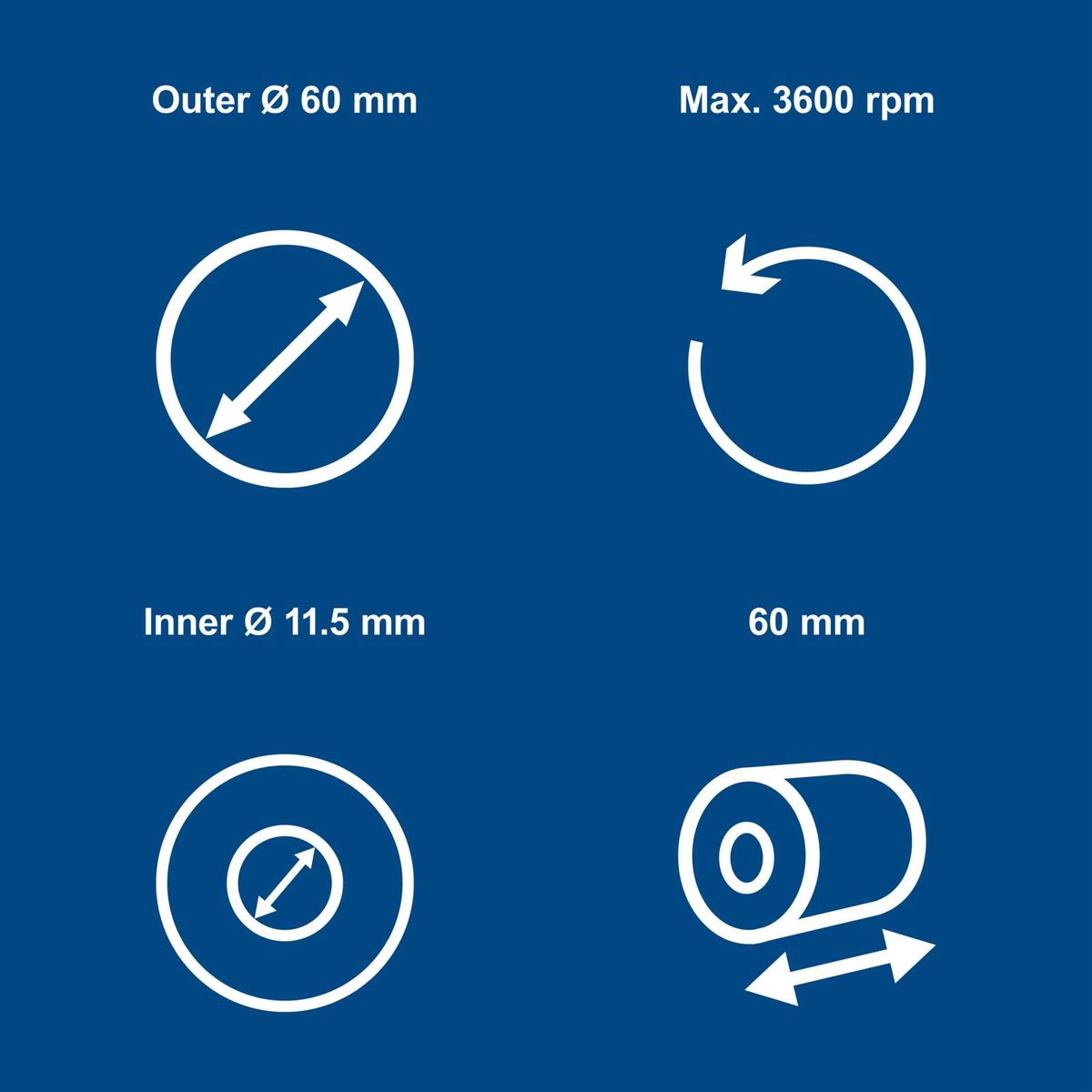 Round brush specifications showing outer diameter 60 mm, inner diameter 11.5 mm, and maximum rotational speed of 3600 rpm.