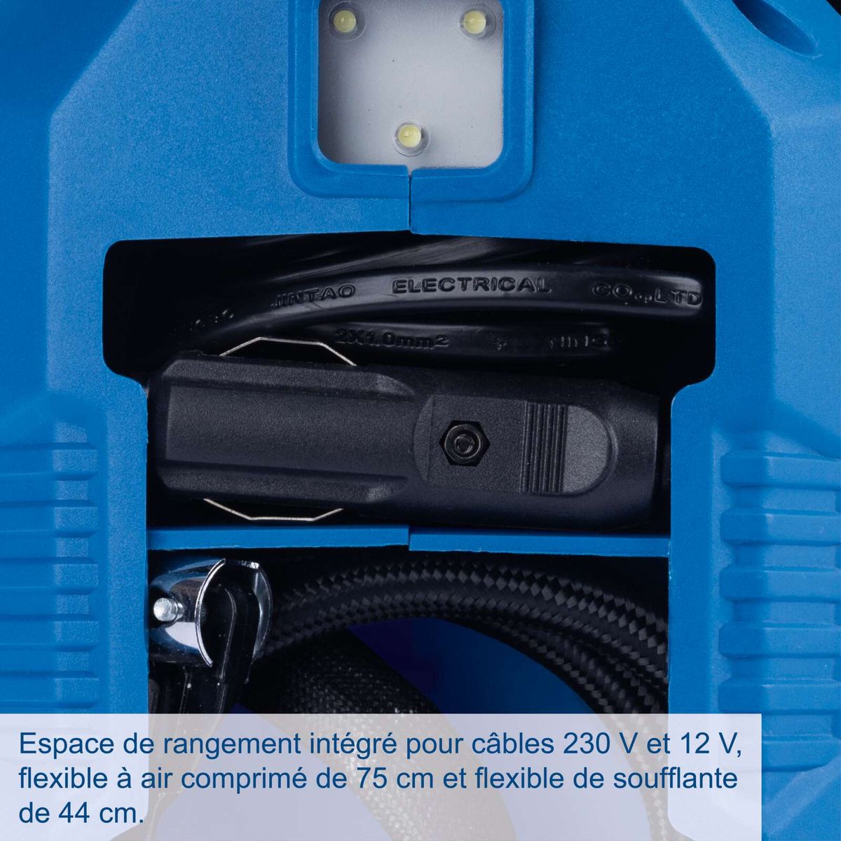 Built-in cable storage for 230V and 12V cables with flexible compressed air lengths (75 cm and 44 cm)
