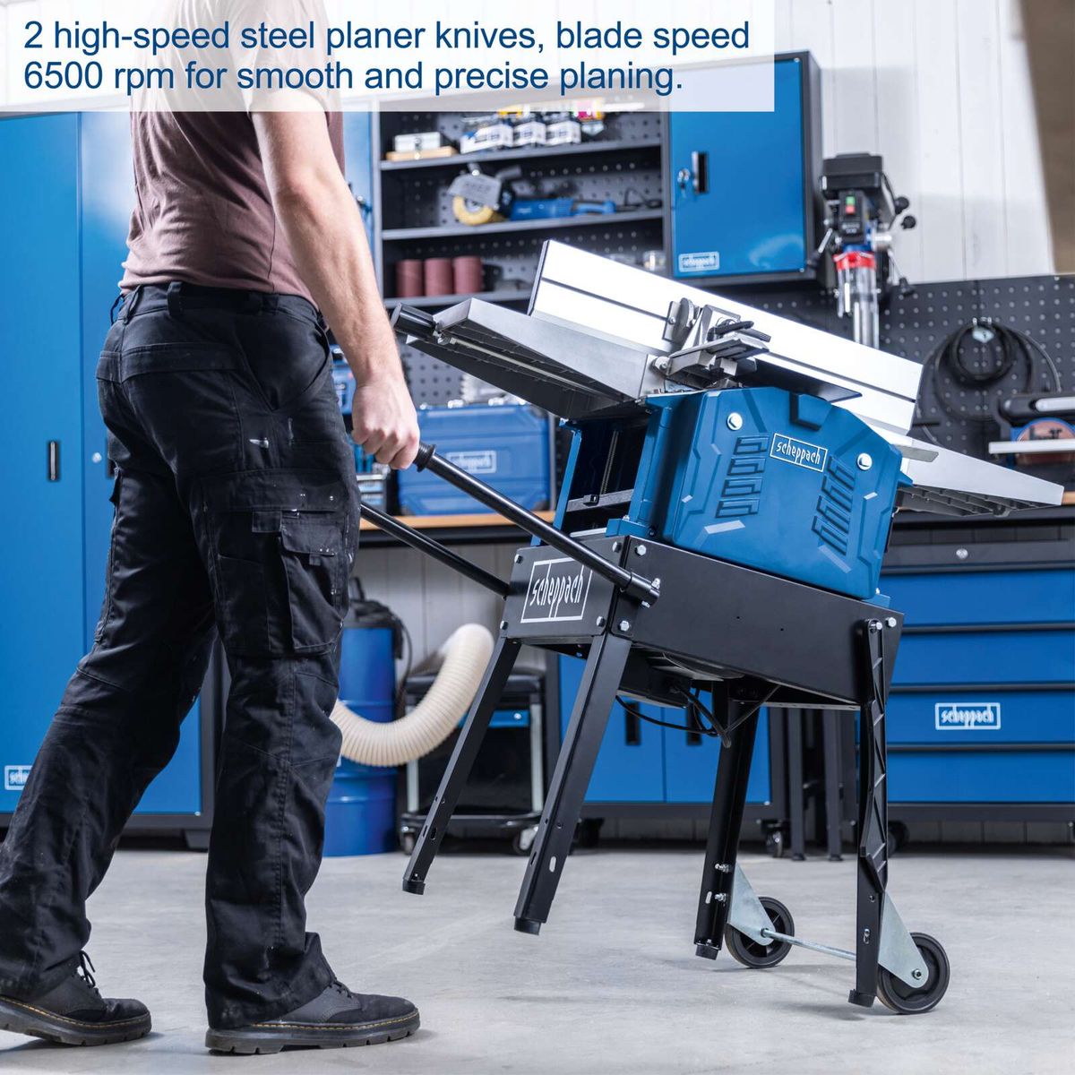 Scheppach planer featuring dual high-speed blades at 6500 RPM for smooth planing and thicknessing