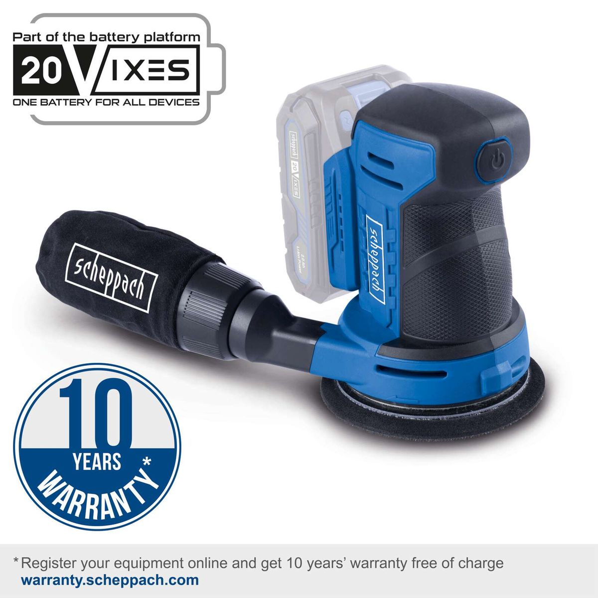 Scheppach cordless orbital sander featuring 10-year warranty, 20V battery set, protective glove included, full warranty registration required