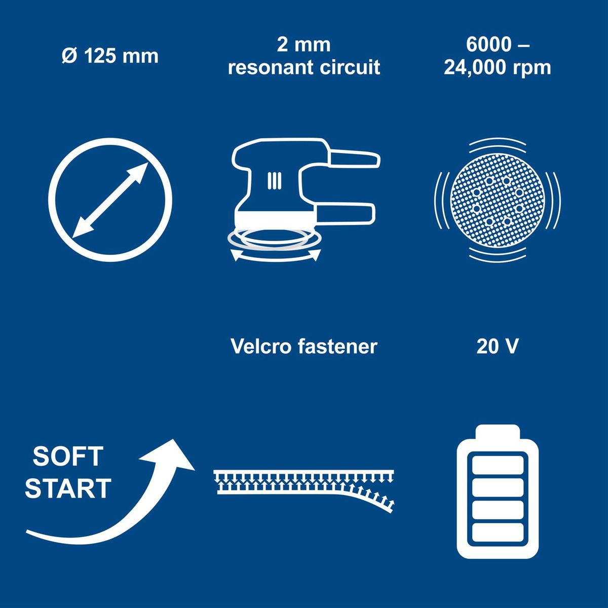 125 mm orbital sander with 2 mm resonance circuit, 6,000–24,000 RPM, 20 V, soft start, Velcro attachment
