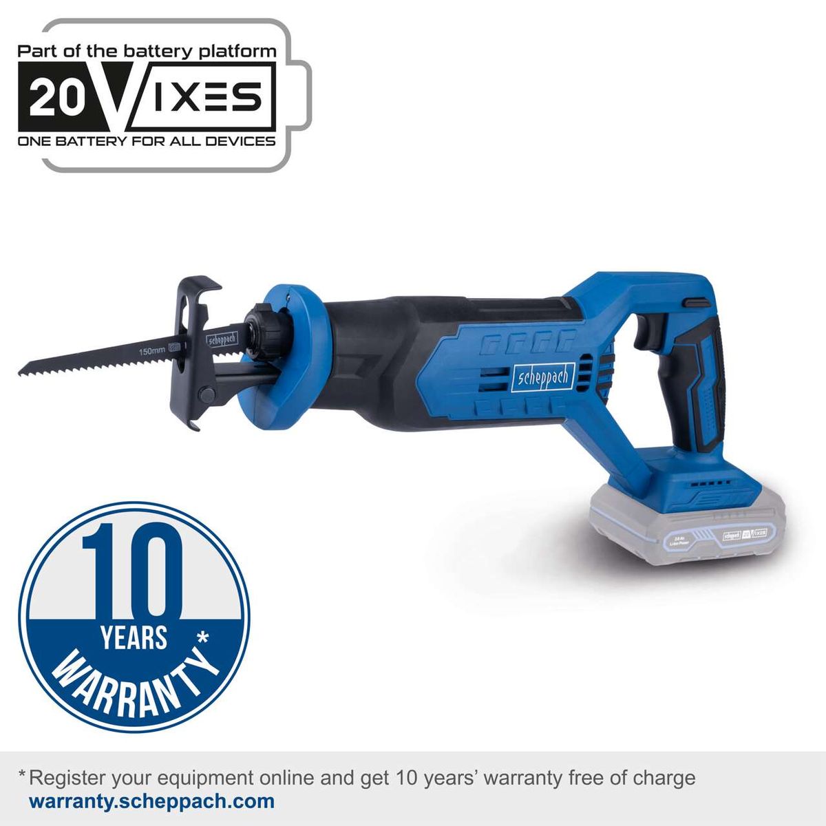 Scheppach cordless reciprocating saw featuring a 10-year warranty, 20V battery system with included battery and charger