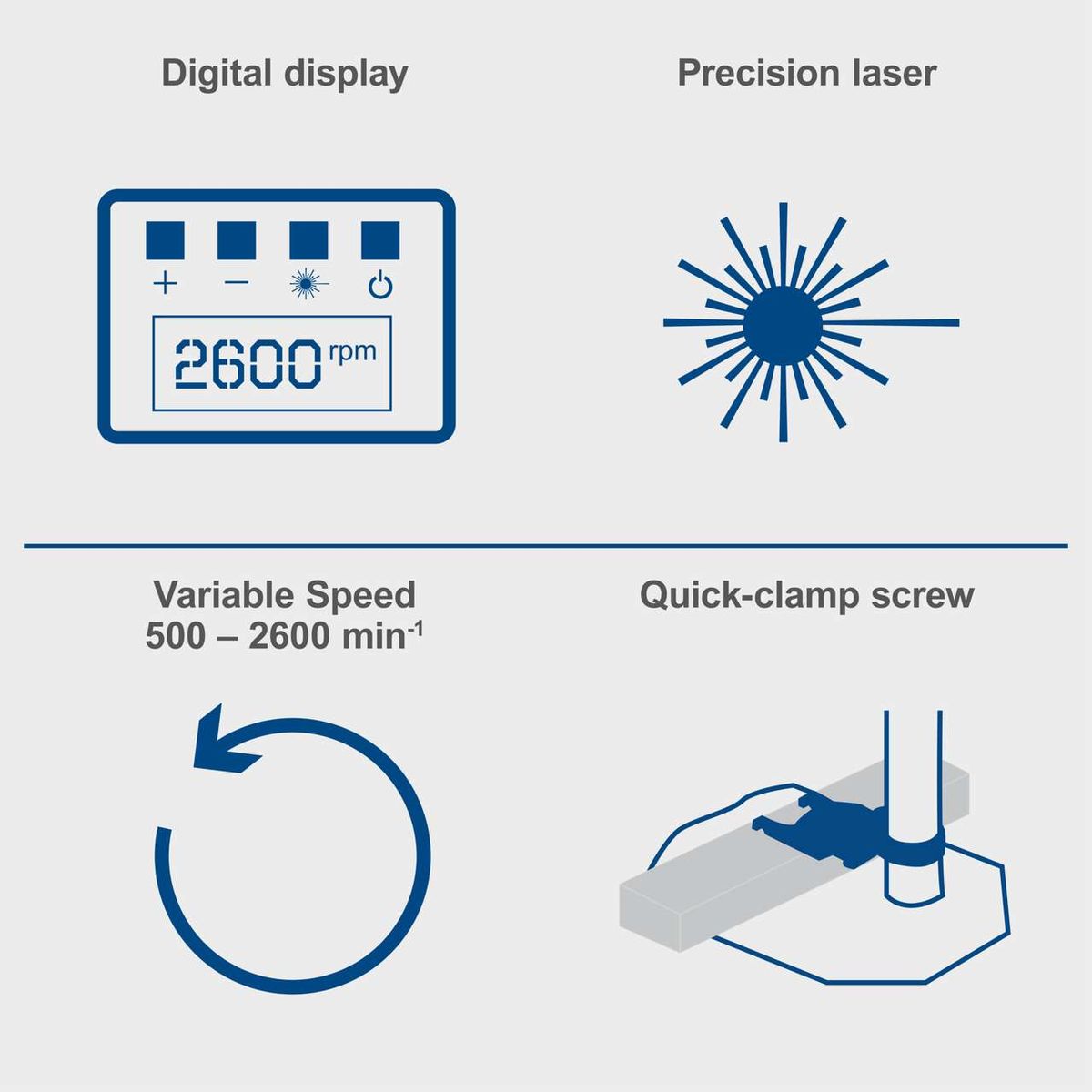 Bench drill with digital speed display (2600 rpm), precision laser guide, variable speed range (500–2600 min⁻¹), quick-clamp screw