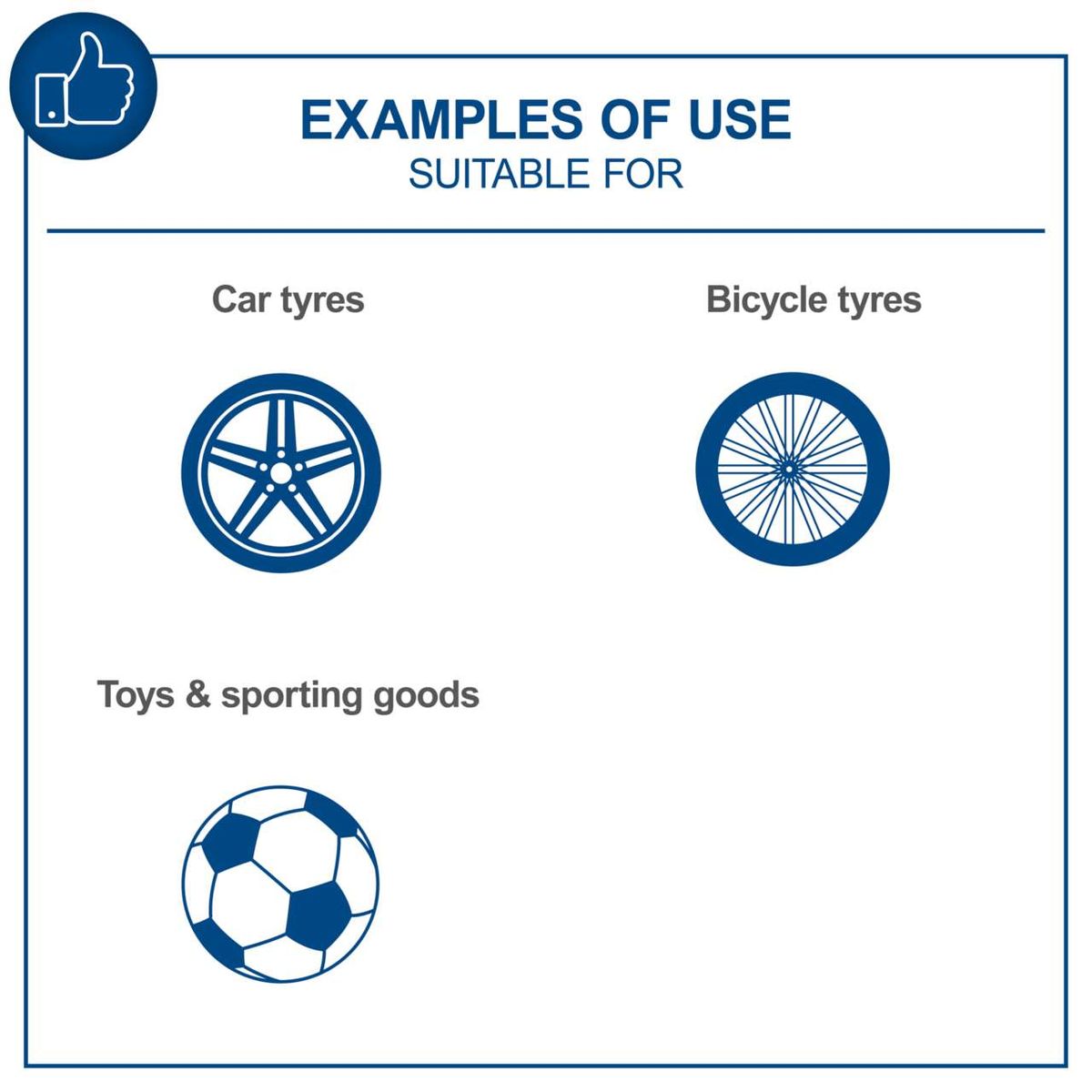 Examples of typical uses: car and bicycle tyres, sports goods