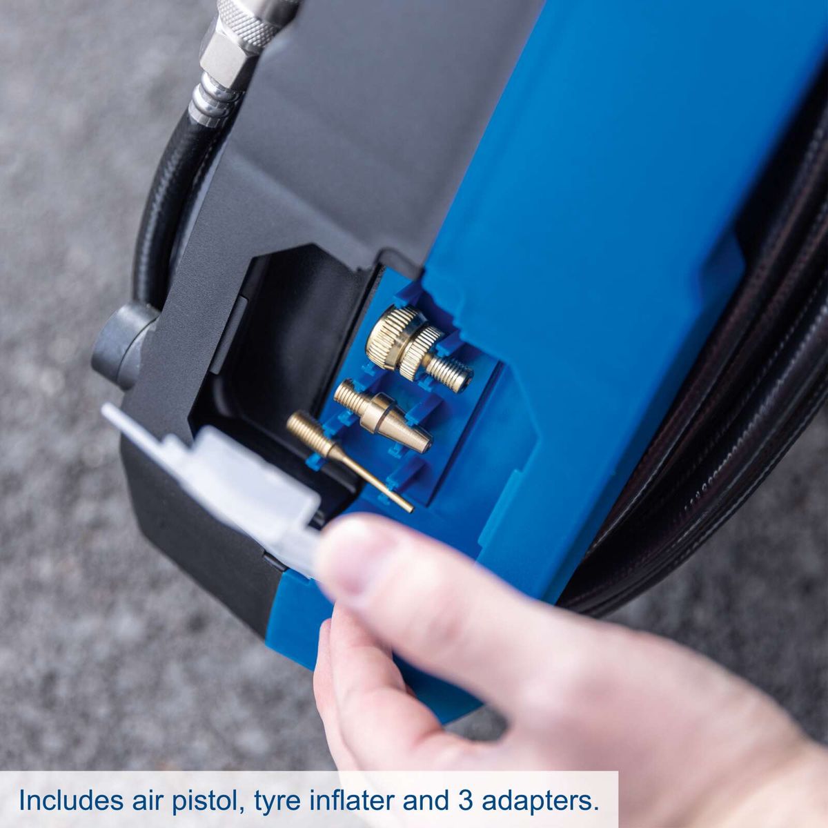 Air pistol and tyre inflator with three adapters for portable compressor
