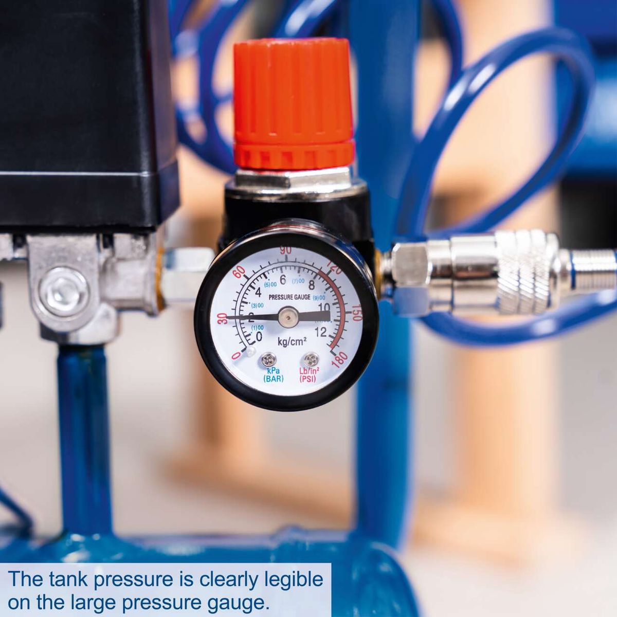 Oil-free compressor with tank pressure gauge showing 8 bar output