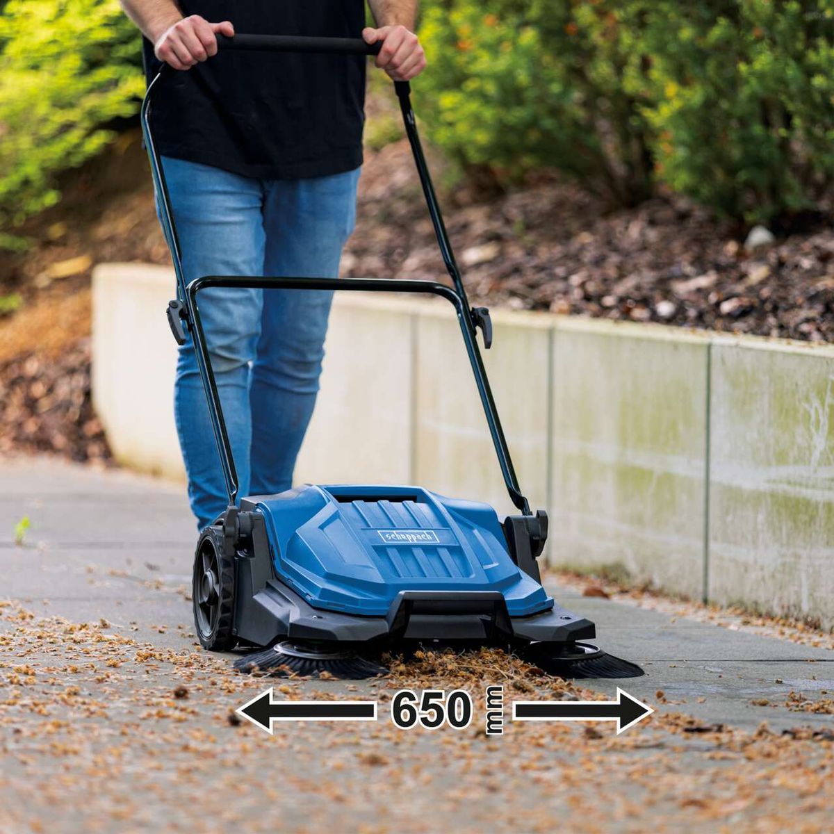 Scheppach push sweeper with 650 mm width, 20L container and three-brush system