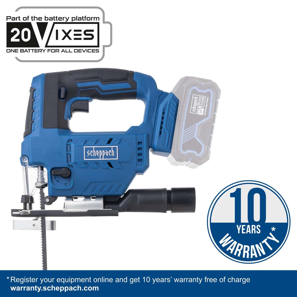 20V cordless jigsaw with 10-year warranty, Scheppach X-series battery