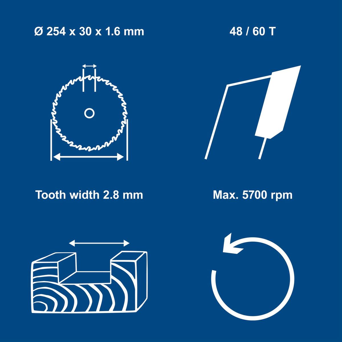 Technical key features: 254 mm diameter, 30 mm length, 1.6 mm thickness, 2.8 mm tooth width, 48/60 teeth, max. 5700 rpm