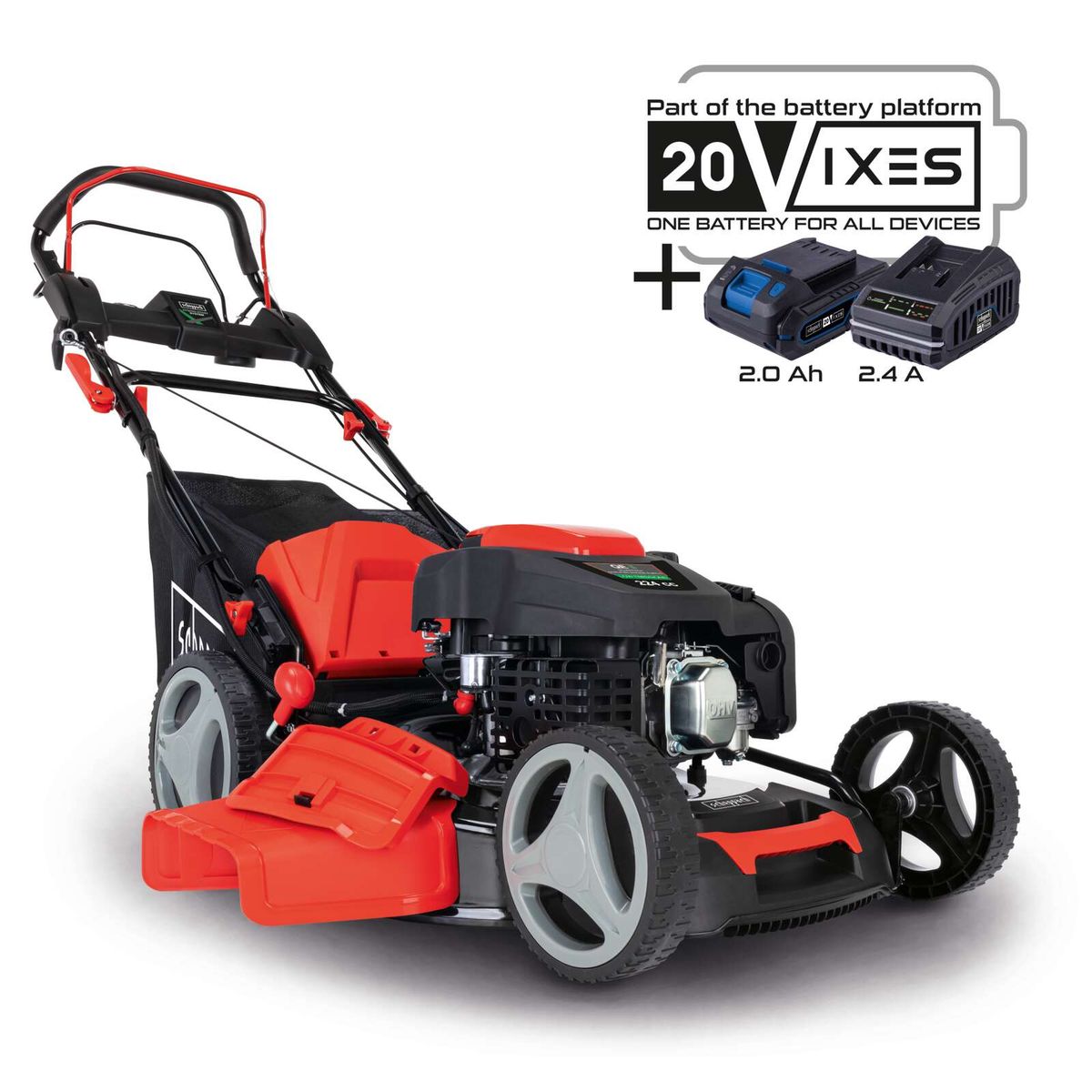 Scheppach self-propelled lawnmower MS225-53E with E-start, 6 PS, 53 cm cutting width, 65L bag, 20V battery platform with 2.0 Ah and 2.4 Ah options