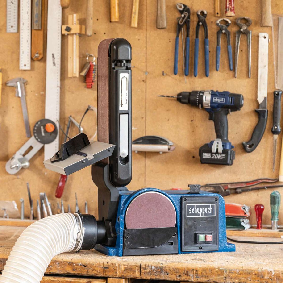 Scheppach belt and disc sander BTS800 with adjustable worktable and dust extraction hose.