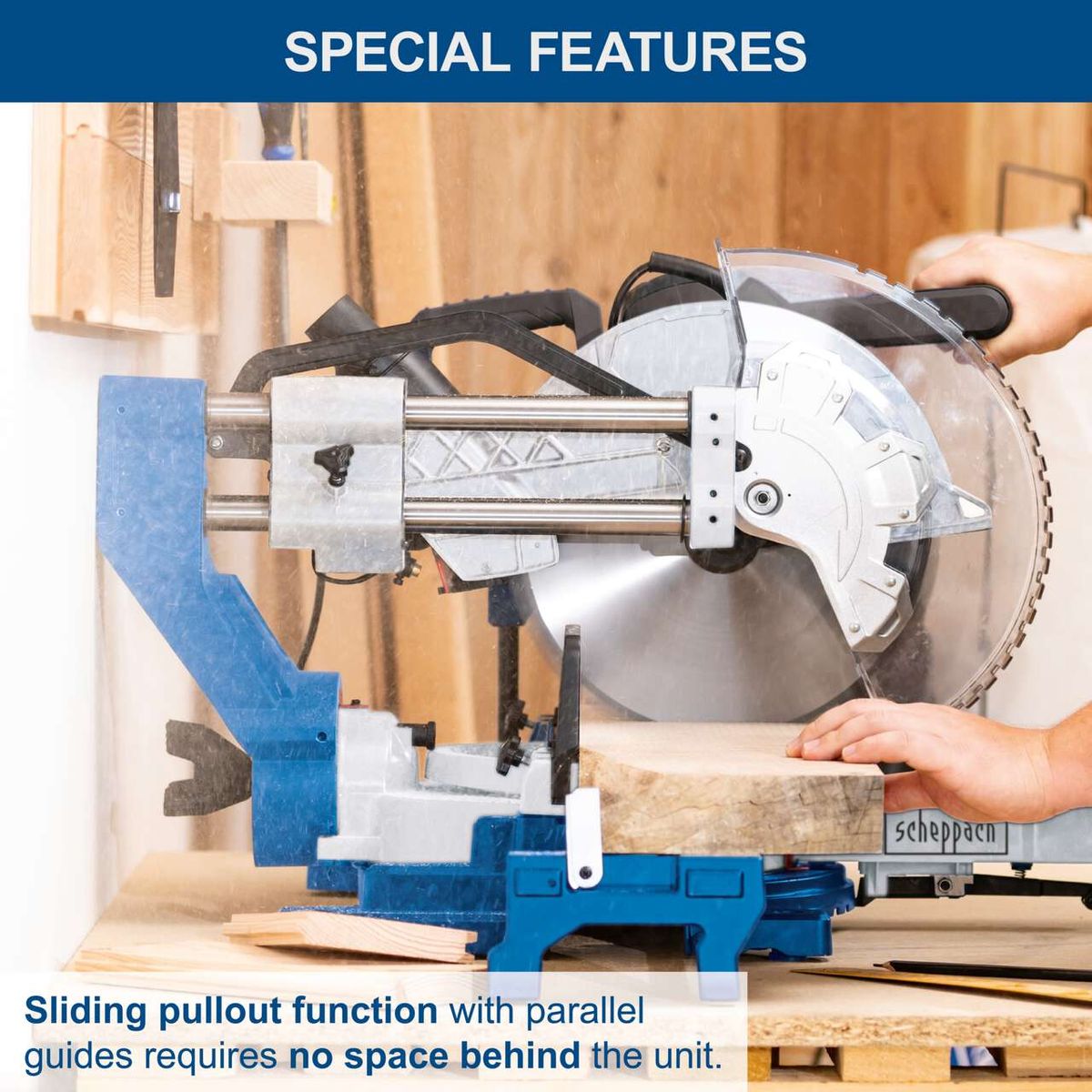 Sliding cross-cut saw with parallel guides requiring no space behind the unit for accurate cuts