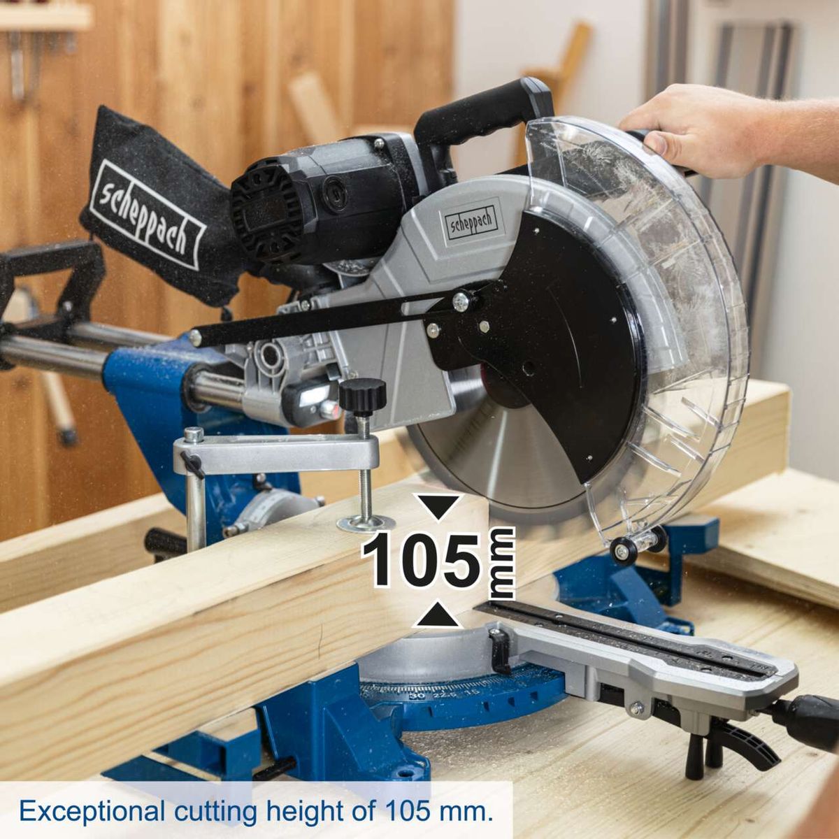Scheppach sliding mitre saw featuring an exceptional cutting height of 105 mm