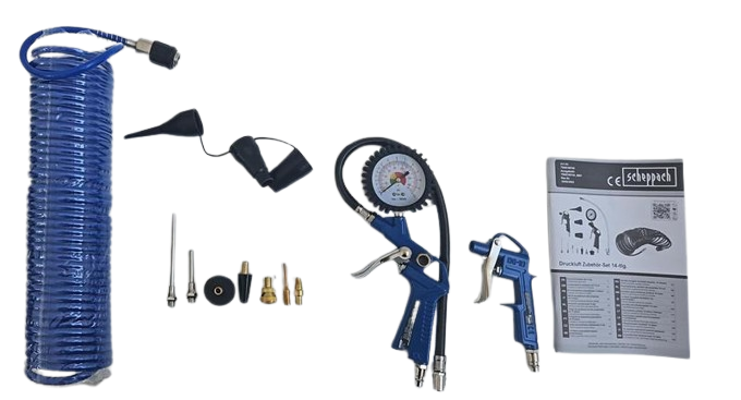 14-piece compressed air accessory set with 10 m hose and tool adapter