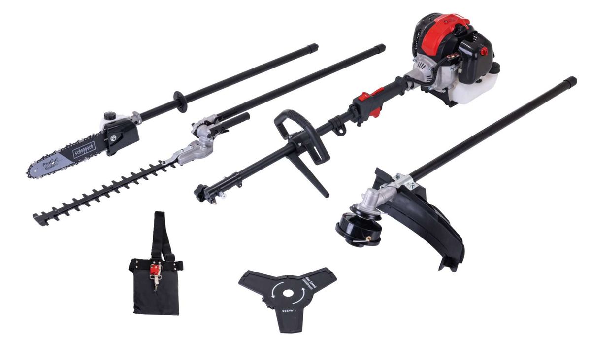 Scheppach 4-in-1 petrol-powered tool set with starter cord, chainsaw attachment, drill bit holder, and wrench socket