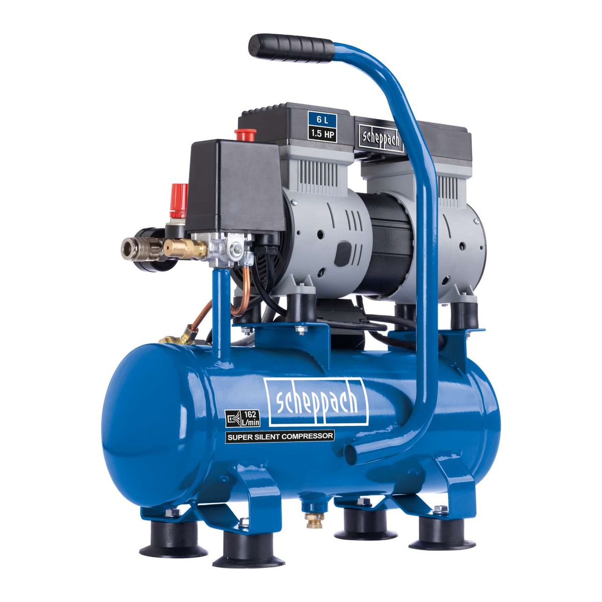Scheppach HC08Si oil-free air compressor, 1.5 HP, 6L tank, 162 L/min intake flow, 8 bar pressure