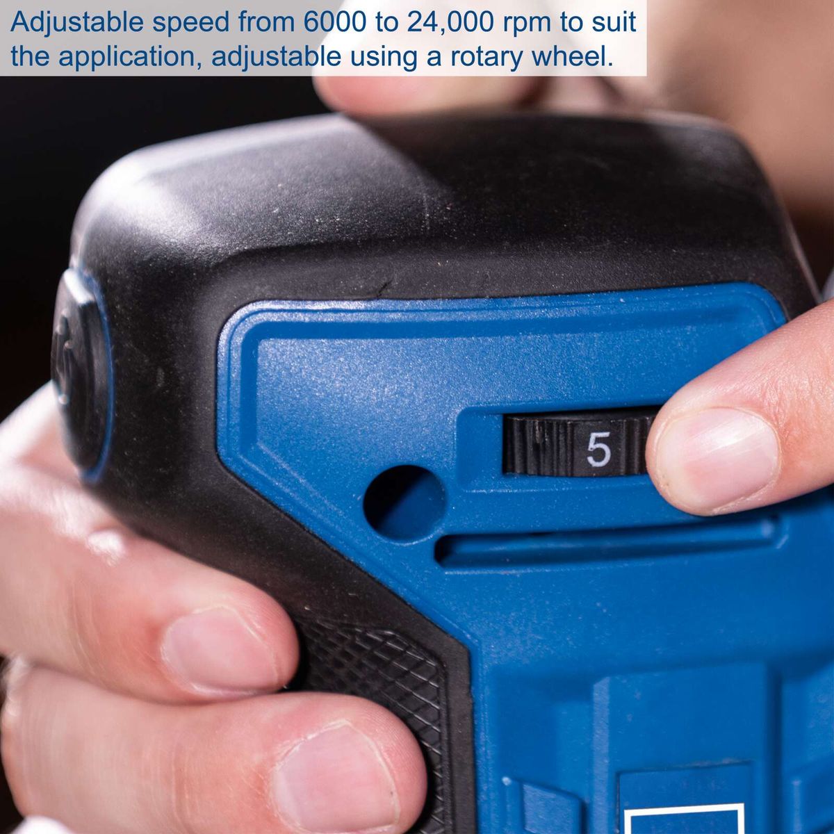 Cordless orbital sander with adjustable speed from 6000 to 24,000 rpm via speed control