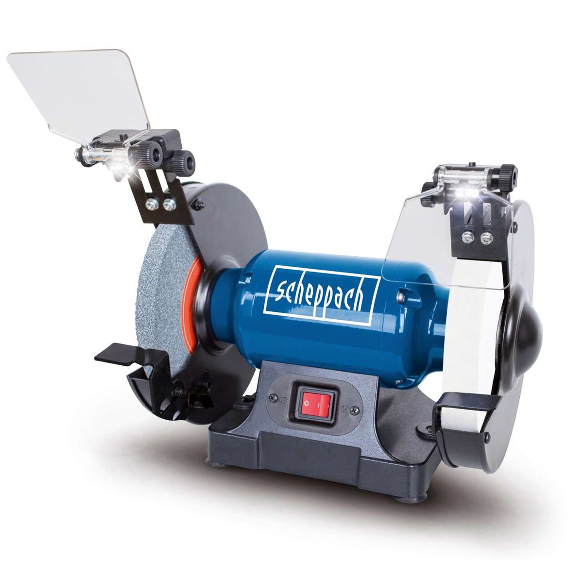 Scheppach bench grinder with integrated LED lighting and adjustable handle
