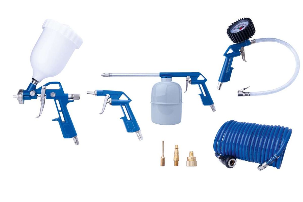 Scheppach 8-piece compressed air accessory set: air cushion, spray guns, hose and fittings