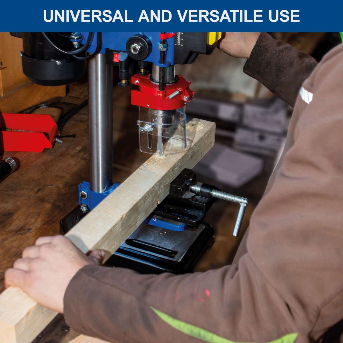 Bench pillar drill with laser guide and clamp attachment for accurate drilling and assembly tasks