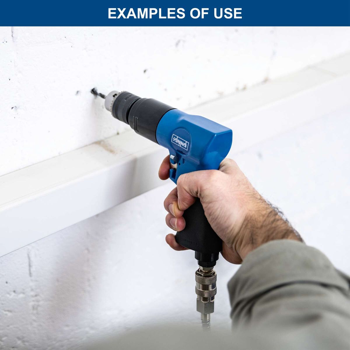 Scheppach power tool with pneumatic drive for accurate drilling and fastening operations