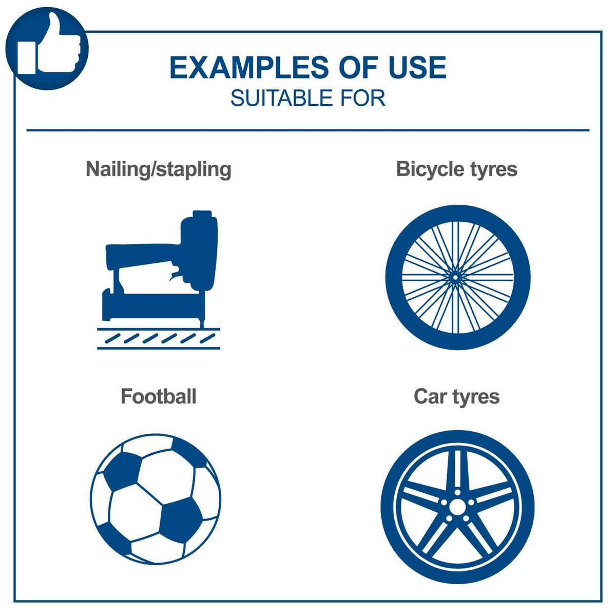 Examples of typical uses: sewing, stapling, bicycle tires, football, car tires