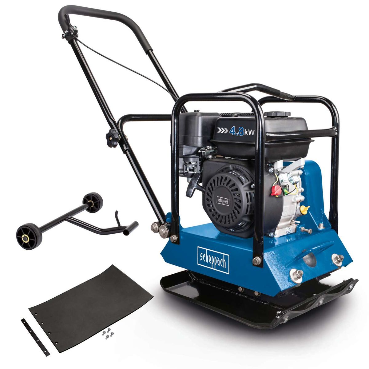 Scheppach diesel vibrating plate with handle, rubber mat, and engine, showing key specs like compaction pressure and depth