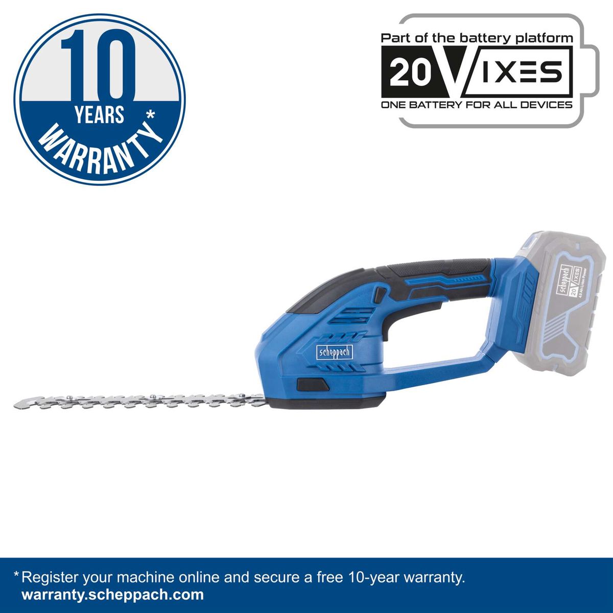 Scheppach cordless grass and shrub shears featuring a 10-year warranty, with 2Ah battery and charger