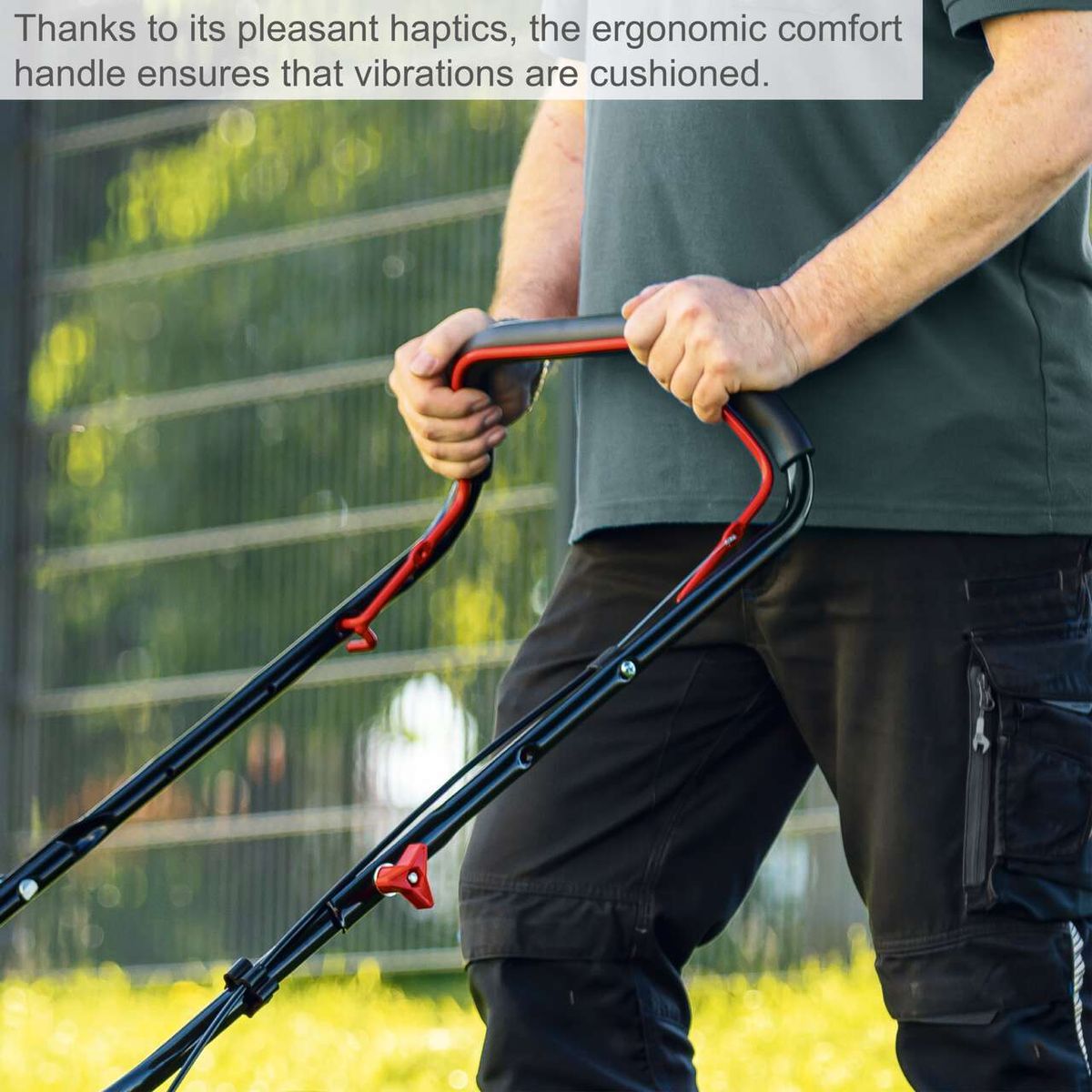 Ergonomic handle with pleasant grip ensuring cushioned vibrations for lawnmower comfort