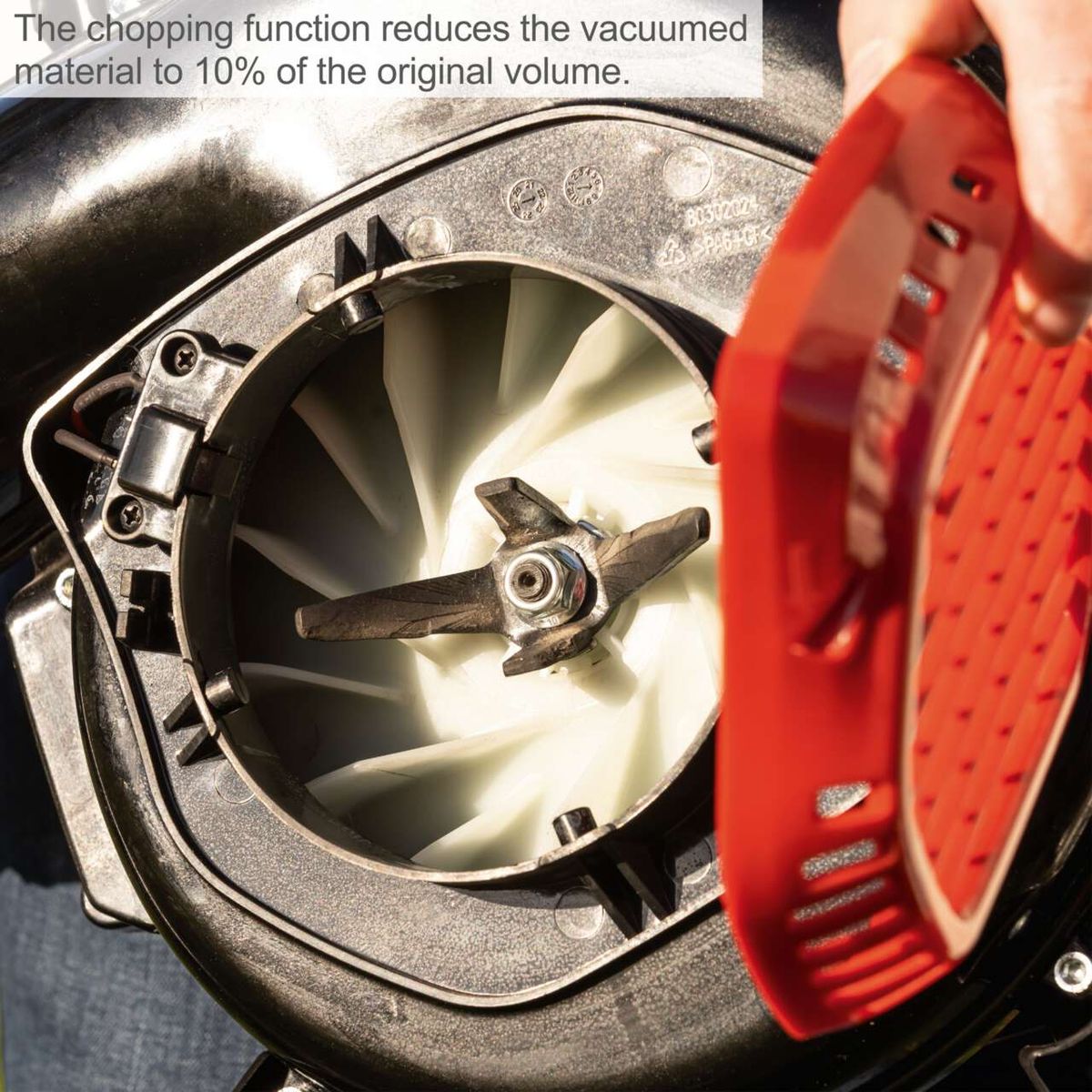 Chopping function reduces vacuumed material to 10% of the original volume