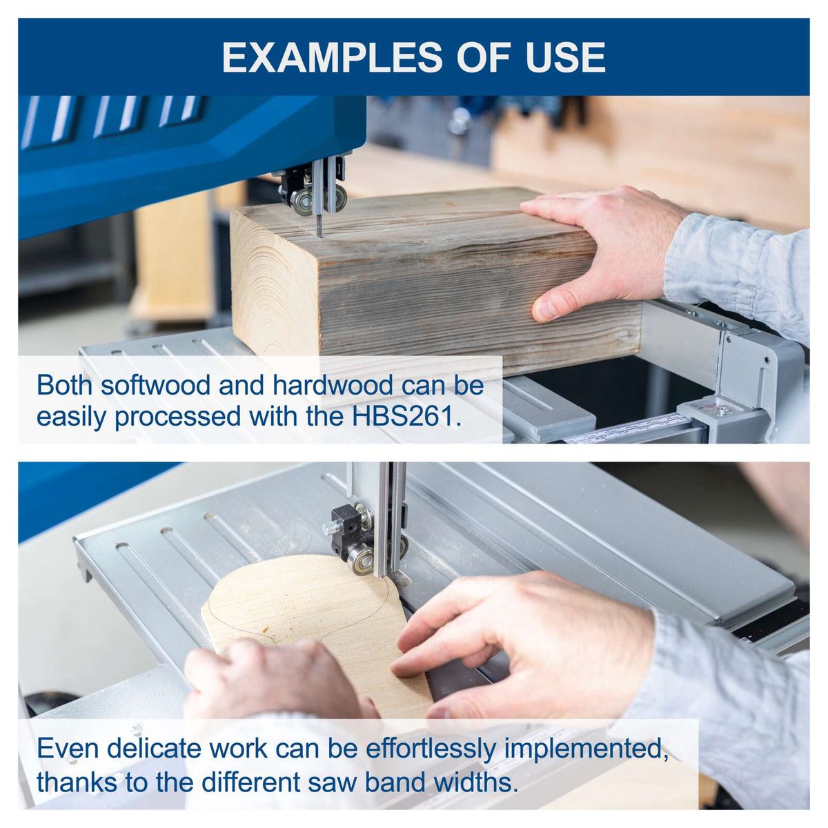 HBS261 bandsaw highlighting versatile use for both soft and hard wood, featuring adjustable saw bands for delicate work.