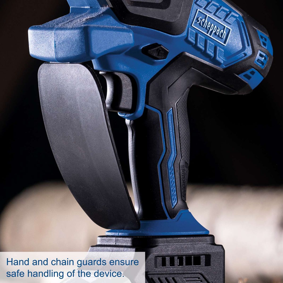 Hand and chain guards for safe operation of a cordless pruning saw