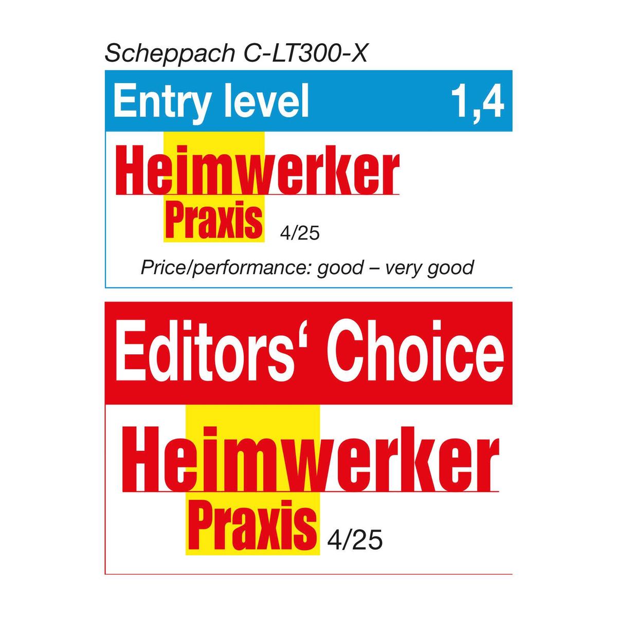 Scheppach cordless strimmer C-LT300-X highlighted with entry-level rating and 'Editor’s Choice' for DIY enthusiasts, April 2025