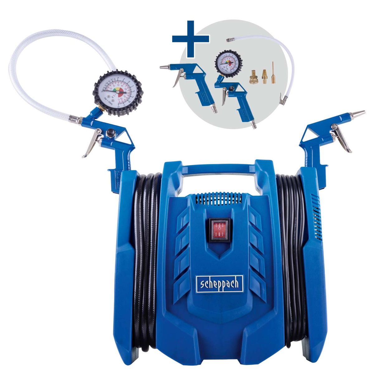 Scheppach air compressor with integrated gauges and accessories for tire inflation and pressure checking