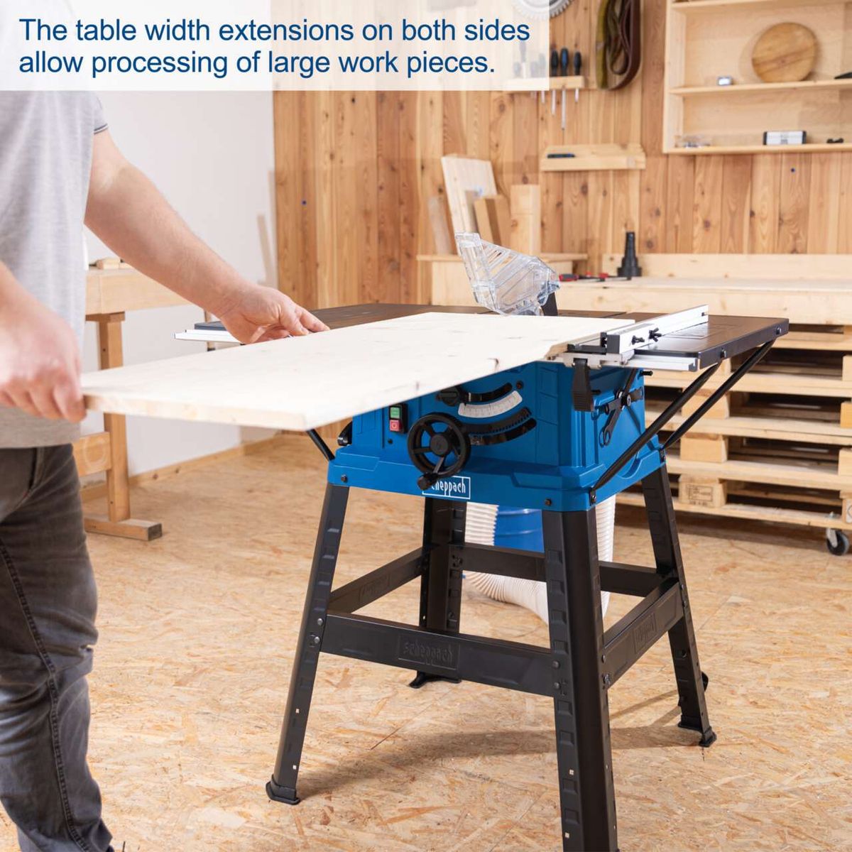 Table saw with extendable table extensions for processing large workpieces