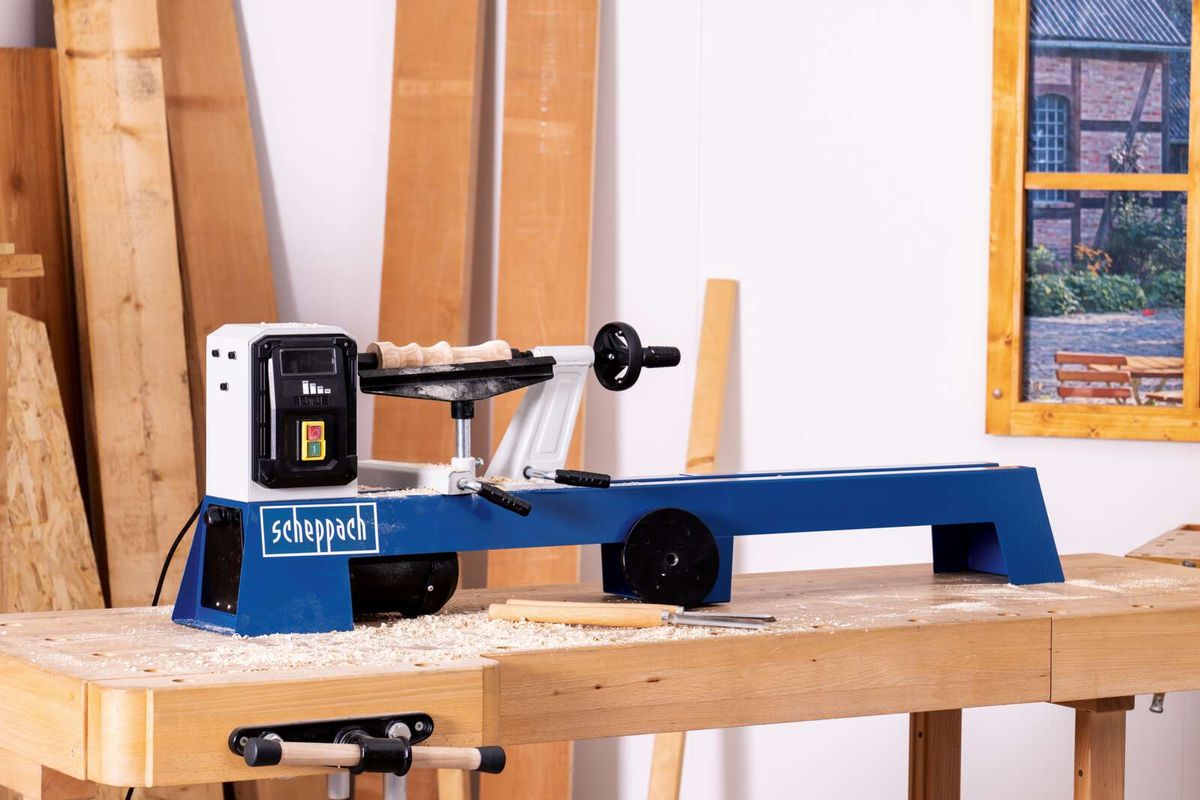Scheppach lathe machine with workpiece holder for 350 mm diameter, workbench and control panel