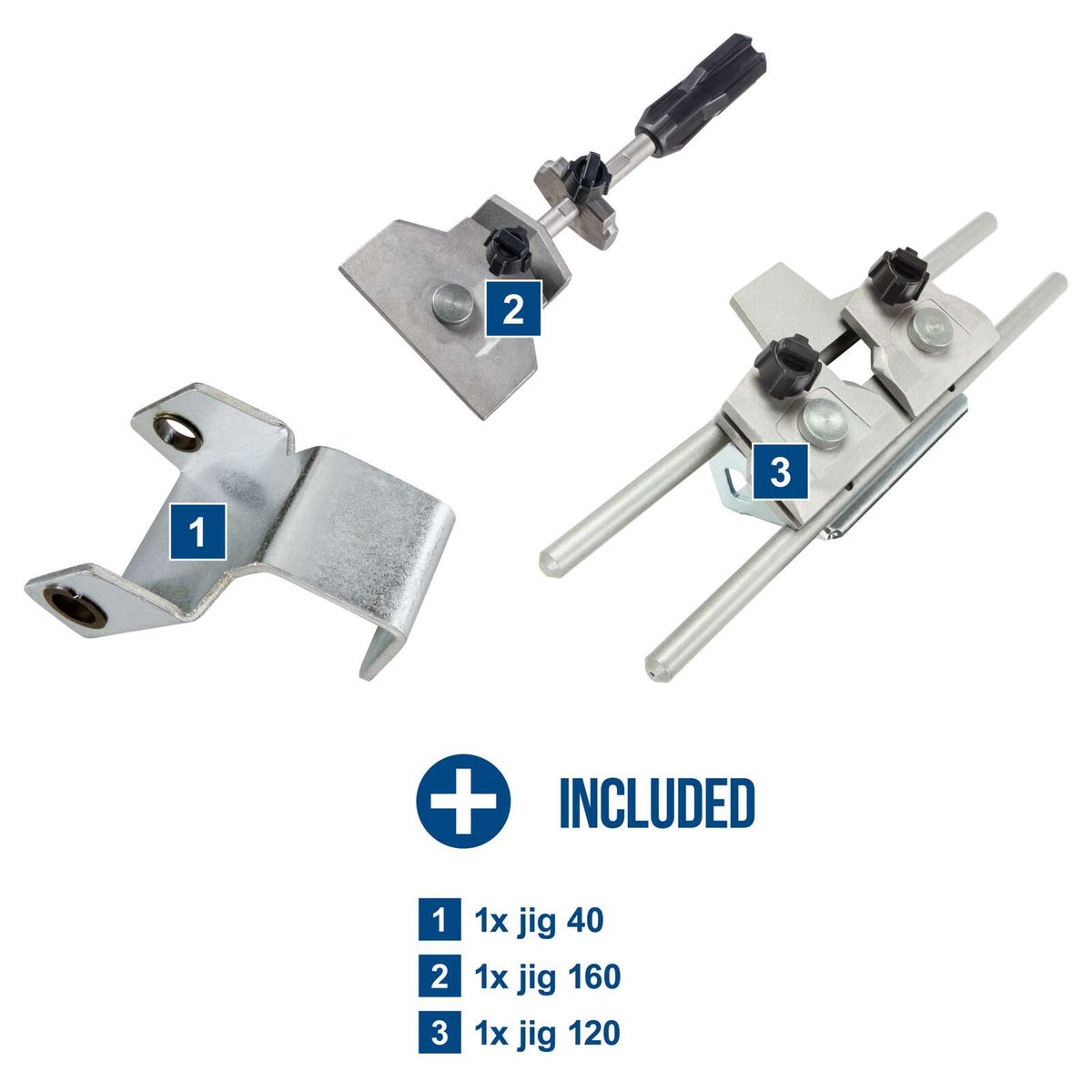 Scheppach jig set featuring three different jig clamps (40, 120, 160) for precise tool fixing