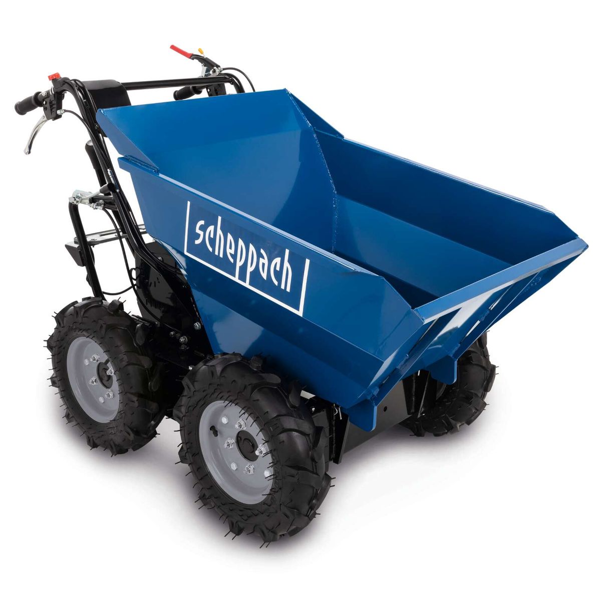 Scheppach dumper with flat bed, front view showing steering and wheels